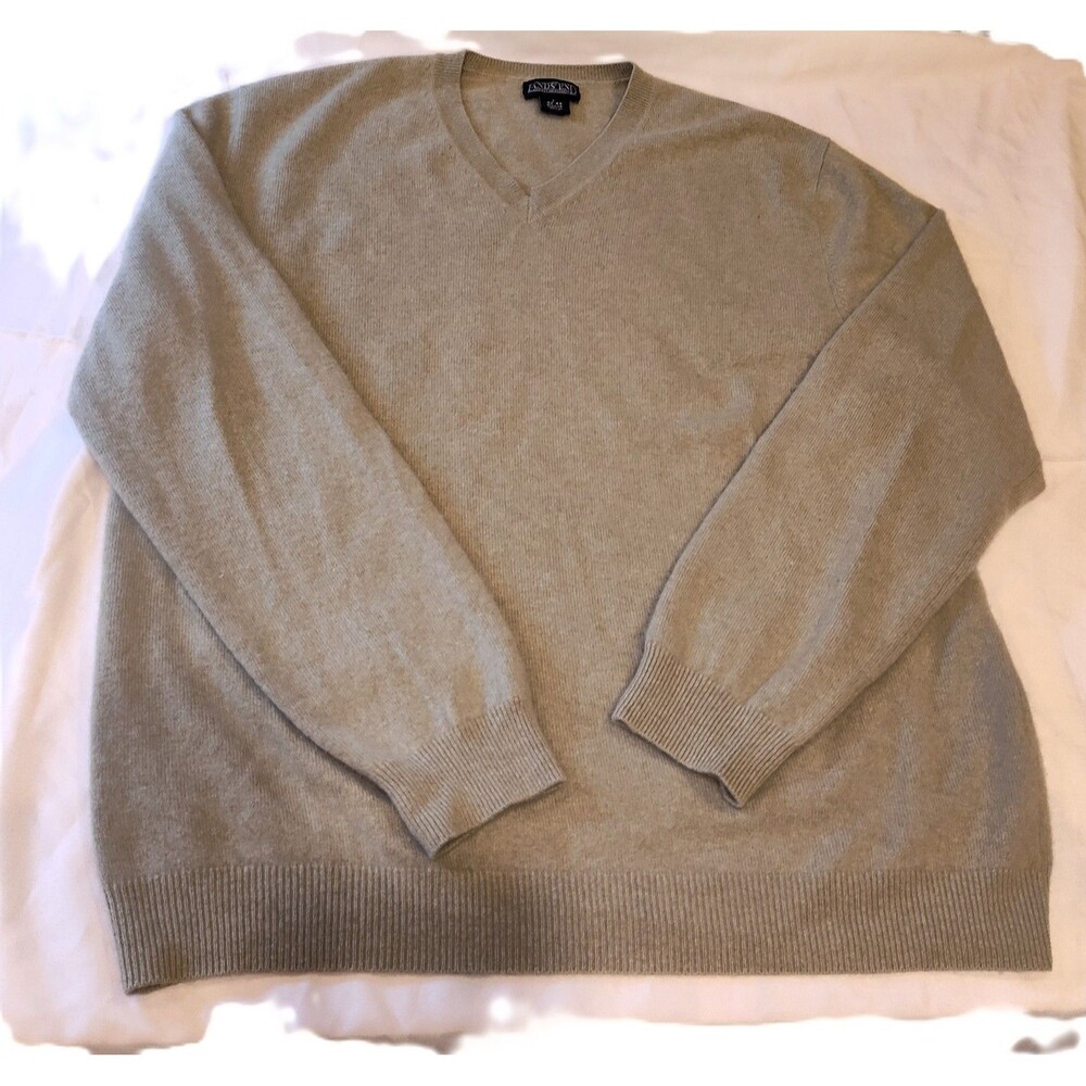 Lands' End V-Neck Sweater L 42-44 Tan 100% Cashmere Solid Knit Preppy Minimalist